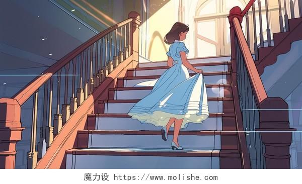 楼梯上一个穿着裙子的女孩AI绘本插画